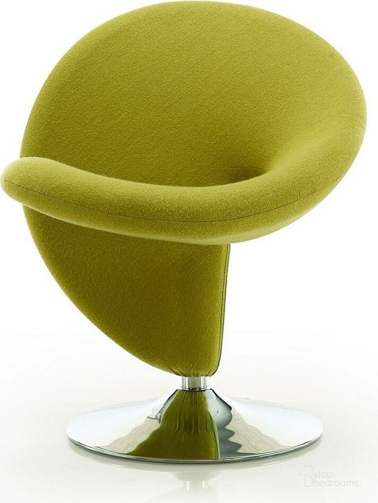 The appearance of Curl Swivel Accent Chair in Green and Polished Chrome designed by Manhattan Comfort in the modern / contemporary interior design. This green piece of furniture  was selected by 1StopBedrooms from Curl Collection to add a touch of cosiness and style into your home. Sku: AC040-GR. Material: Metal. Product Type: Accent Chair. Image1