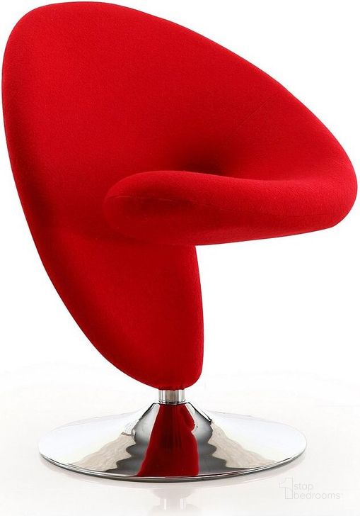The appearance of Curl Swivel Accent Chair in Red and Polished Chrome designed by Manhattan Comfort in the modern / contemporary interior design. This red piece of furniture  was selected by 1StopBedrooms from Curl Collection to add a touch of cosiness and style into your home. Sku: AC040-RD. Material: Metal. Product Type: Accent Chair. Image1
