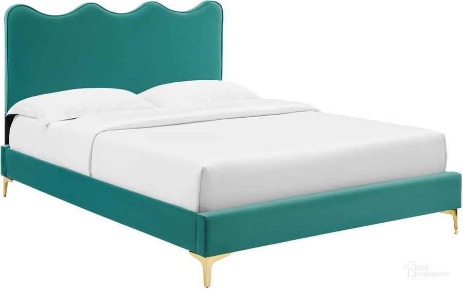The appearance of Current Performance Velvet King Platform Bed In Teal MOD-6736-TEA designed by Modway in the modern / contemporary interior design. This teal piece of furniture  was selected by 1StopBedrooms from Current Collection to add a touch of cosiness and style into your home. Sku: MOD-6736-TEA. Bed Type: Platform Bed. Product Type: Platform Bed. Bed Size: King. Material: MDF. Image1
