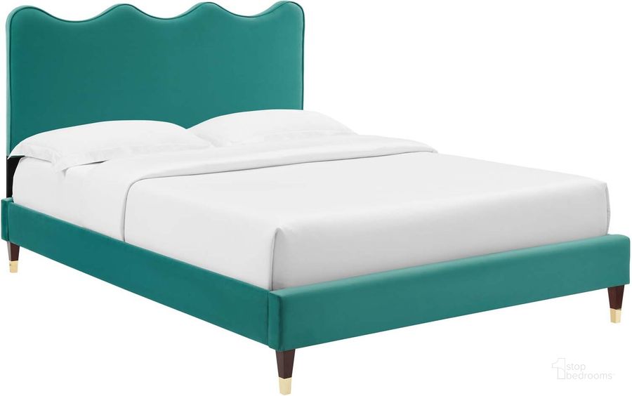 The appearance of Current Performance Velvet King Platform Bed In Teal MOD-6737-TEA designed by Modway in the modern / contemporary interior design. This teal piece of furniture  was selected by 1StopBedrooms from Current Collection to add a touch of cosiness and style into your home. Sku: MOD-6737-TEA. Bed Type: Platform Bed. Product Type: Platform Bed. Bed Size: King. Material: MDF. Image1