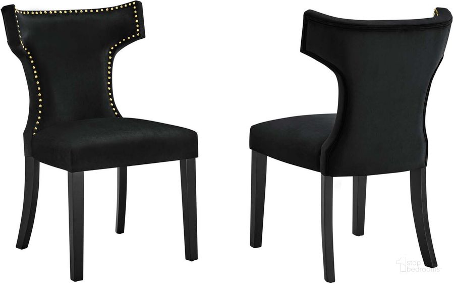 The appearance of Curve Performance Velvet Dining Chair Set Of 2 In Black designed by Modway in the modern / contemporary interior design. This black piece of furniture  was selected by 1StopBedrooms from Curve Collection to add a touch of cosiness and style into your home. Sku: EEI-5008-BLK. Material: Wood. Product Type: Dining Chair. Image1