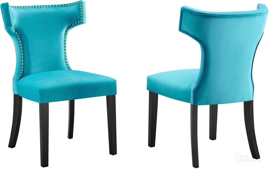 The appearance of Curve Performance Velvet Dining Chair Set Of 2 In Blue designed by Modway in the modern / contemporary interior design. This blue piece of furniture  was selected by 1StopBedrooms from Curve Collection to add a touch of cosiness and style into your home. Sku: EEI-5008-BLU. Material: Wood. Product Type: Dining Chair. Image1