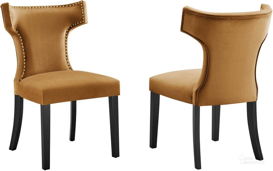 The appearance of Curve Performance Velvet Dining Chair Set Of 2 In Cognac designed by Modway in the modern / contemporary interior design. This cognac piece of furniture  was selected by 1StopBedrooms from Curve Collection to add a touch of cosiness and style into your home. Sku: EEI-5008-COG. Material: Wood. Product Type: Dining Chair. Image1