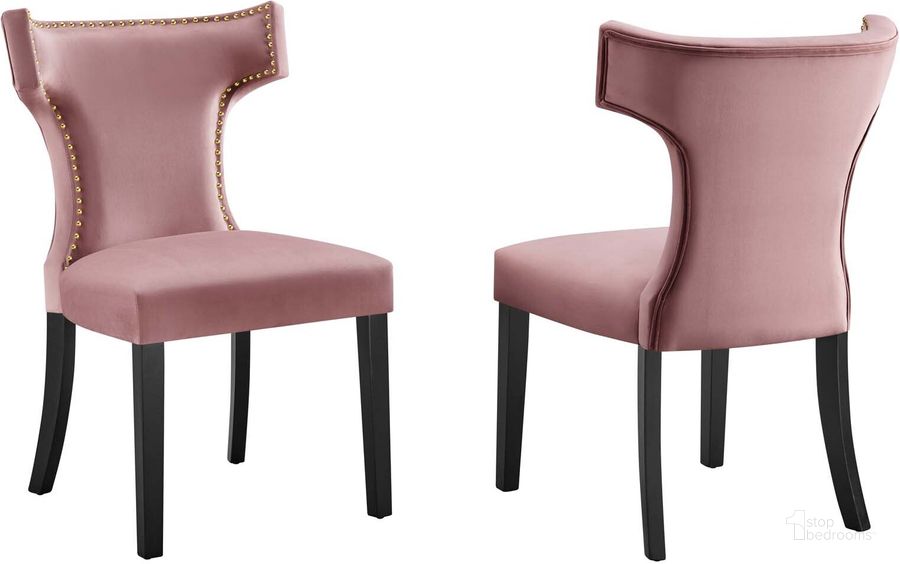 The appearance of Curve Performance Velvet Dining Chair Set Of 2 In Dusty Rose designed by Modway in the modern / contemporary interior design. This dusty rose piece of furniture  was selected by 1StopBedrooms from Curve Collection to add a touch of cosiness and style into your home. Sku: EEI-5008-DUS. Material: Wood. Product Type: Dining Chair. Image1