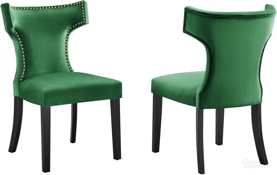 The appearance of Curve Performance Velvet Dining Chair Set Of 2 In Emerald designed by Modway in the modern / contemporary interior design. This emerald piece of furniture  was selected by 1StopBedrooms from Curve Collection to add a touch of cosiness and style into your home. Sku: EEI-5008-EME. Material: Wood. Product Type: Dining Chair. Image1