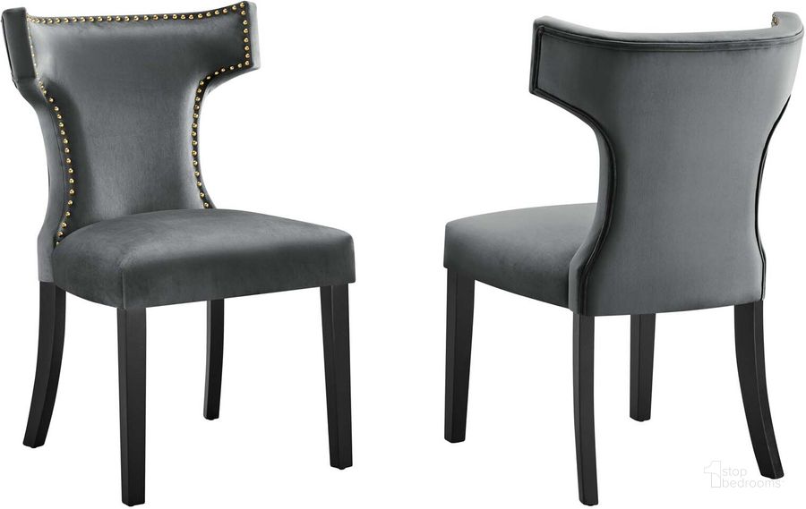 The appearance of Curve Performance Velvet Dining Chair Set Of 2 In Gray designed by Modway in the modern / contemporary interior design. This gray piece of furniture  was selected by 1StopBedrooms from Curve Collection to add a touch of cosiness and style into your home. Sku: EEI-5008-GRY. Material: Wood. Product Type: Dining Chair. Image1