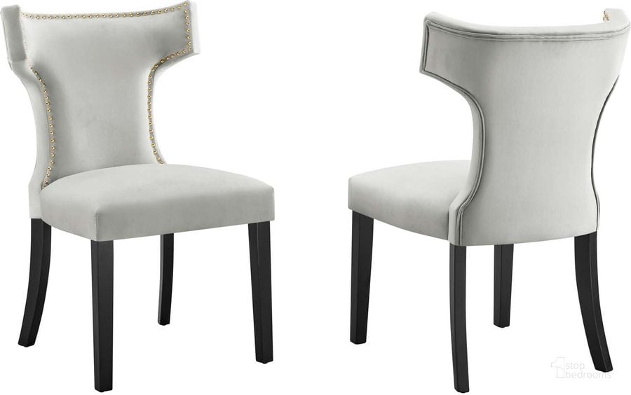 The appearance of Curve Performance Velvet Dining Chair Set Of 2 In Light Gray designed by Modway in the modern / contemporary interior design. This light gray piece of furniture  was selected by 1StopBedrooms from Curve Collection to add a touch of cosiness and style into your home. Sku: EEI-5008-LGR. Material: Wood. Product Type: Dining Chair. Image1