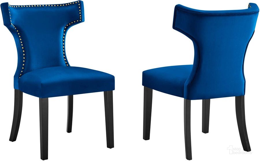 The appearance of Curve Performance Velvet Dining Chair Set Of 2 In Navy designed by Modway in the modern / contemporary interior design. This navy piece of furniture  was selected by 1StopBedrooms from Curve Collection to add a touch of cosiness and style into your home. Sku: EEI-5008-NAV. Material: Wood. Product Type: Dining Chair. Image1