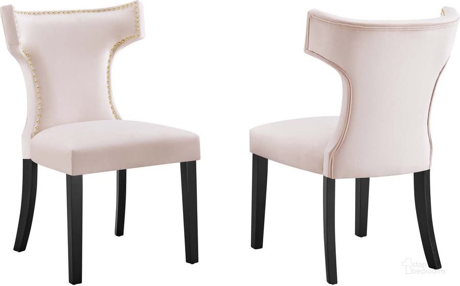 The appearance of Curve Performance Velvet Dining Chair Set Of 2 In Pink designed by Modway in the modern / contemporary interior design. This pink piece of furniture  was selected by 1StopBedrooms from Curve Collection to add a touch of cosiness and style into your home. Sku: EEI-5008-PNK. Material: Wood. Product Type: Dining Chair. Image1