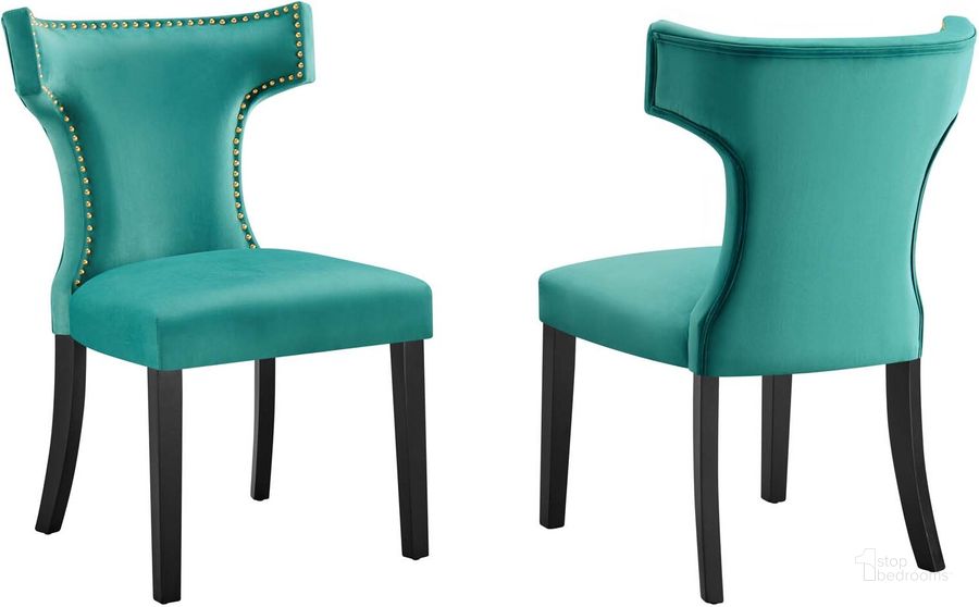 The appearance of Curve Performance Velvet Dining Chair Set Of 2 In Teal designed by Modway in the modern / contemporary interior design. This teal piece of furniture  was selected by 1StopBedrooms from Curve Collection to add a touch of cosiness and style into your home. Sku: EEI-5008-TEA. Material: Wood. Product Type: Dining Chair. Image1