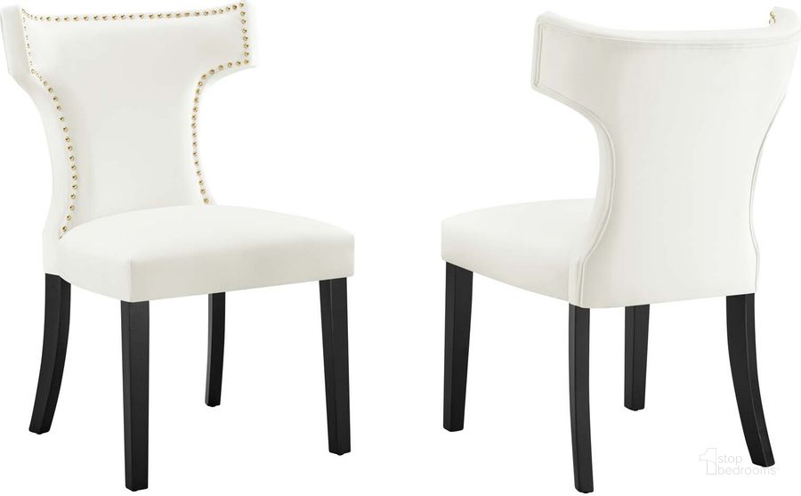 The appearance of Curve Performance Velvet Dining Chair Set Of 2 In White designed by Modway in the modern / contemporary interior design. This white piece of furniture  was selected by 1StopBedrooms from Curve Collection to add a touch of cosiness and style into your home. Sku: EEI-5008-WHI. Material: Wood. Product Type: Dining Chair. Image1