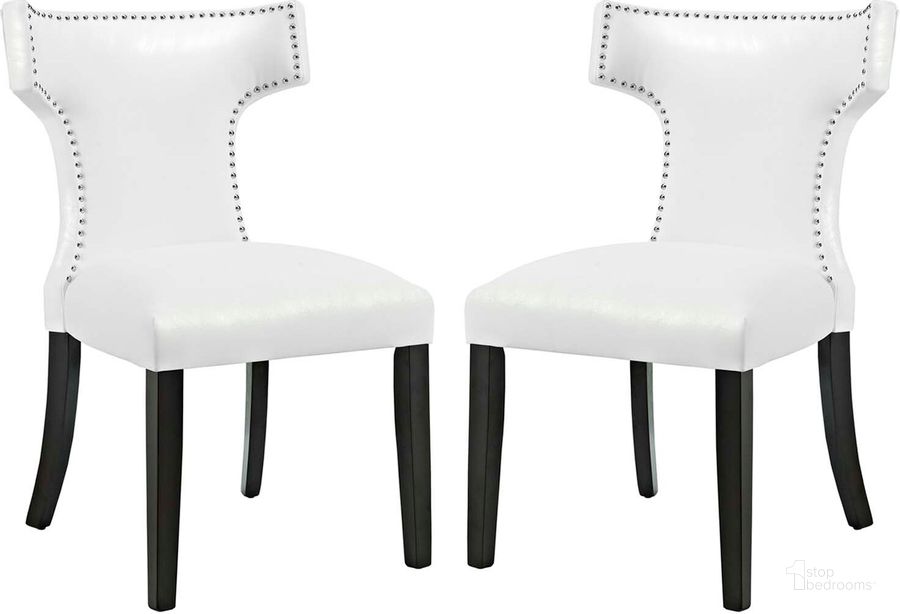 The appearance of Curve White Dining Chair Vinyl Set of 2 designed by Modway in the modern / contemporary interior design. This white piece of furniture  was selected by 1StopBedrooms from Curve Collection to add a touch of cosiness and style into your home. Sku: EEI-3949-WHI. Material: Wood. Product Type: Dining Chair. Image1