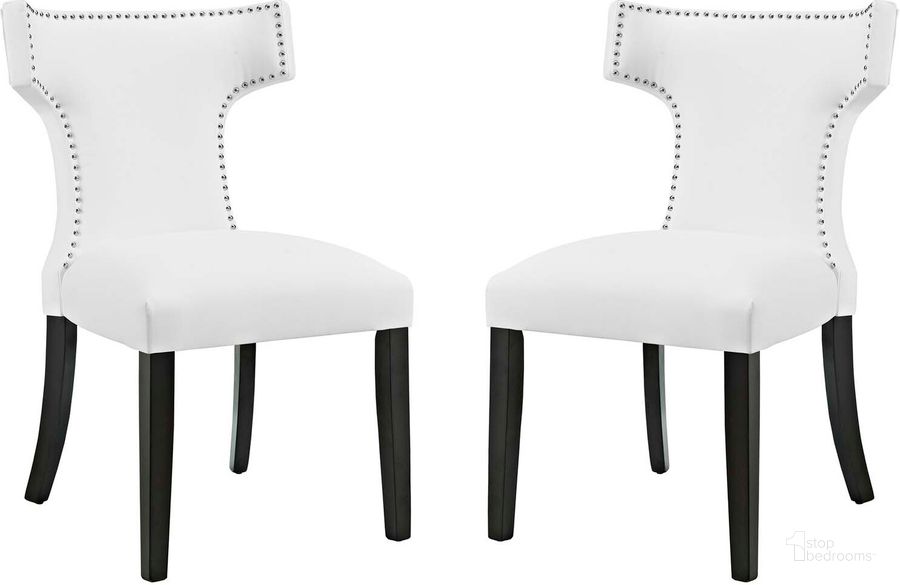 The appearance of Curve White Dining Side Chair Vinyl Set of 2 designed by Modway in the modern / contemporary interior design. This white piece of furniture  was selected by 1StopBedrooms from Curve Collection to add a touch of cosiness and style into your home. Sku: EEI-2740-WHI-SET. Material: Wood. Product Type: Side Chair. Image1