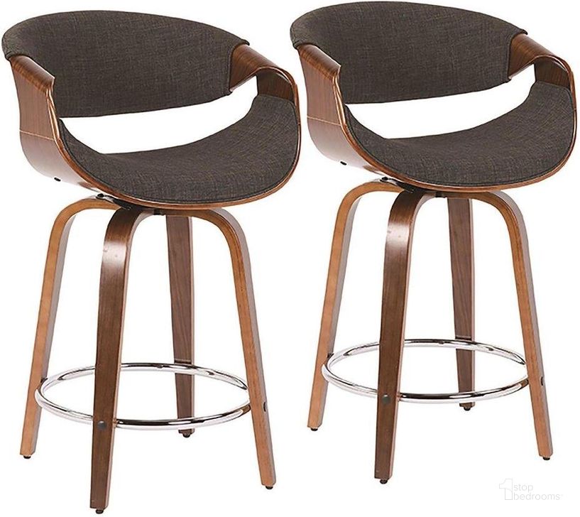 The appearance of Curvini Mid-Century Modern Counter Stool In Walnut Wood And Charcoal Fabric - Set Of 2 designed by Lumisource in the transitional interior design. This brown piece of furniture  was selected by 1StopBedrooms from Curvo Collection to add a touch of cosiness and style into your home. Sku: B24-CRVNI2-SWVR WLCHAR2. Material: Polyester. Product Type: Barstool. Image1