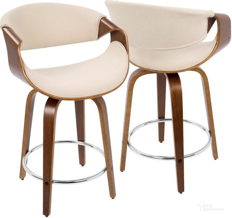 The appearance of Curvini Mid-Century Modern Counter Stool In Walnut Wood And Cream Fabric - Set Of 2 designed by Lumisource in the transitional interior design. This cream piece of furniture  was selected by 1StopBedrooms from Curvo Collection to add a touch of cosiness and style into your home. Sku: B24-CRVNIR WLCR2. Material: Polyester. Product Type: Barstool. Image1