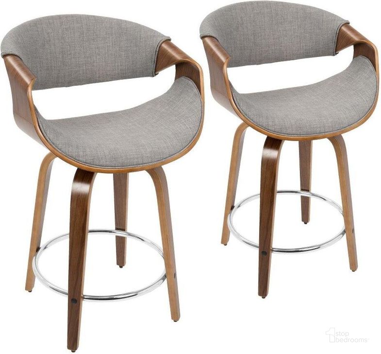 The appearance of Curvini Mid-Century Modern Counter Stool In Walnut Wood And Light Grey Fabric - Set Of 2 designed by Lumisource in the transitional interior design. This gray piece of furniture  was selected by 1StopBedrooms from Curvo Collection to add a touch of cosiness and style into your home. Sku: B24-CRVNIR WLLGY2. Material: Polyester. Product Type: Barstool. Image1
