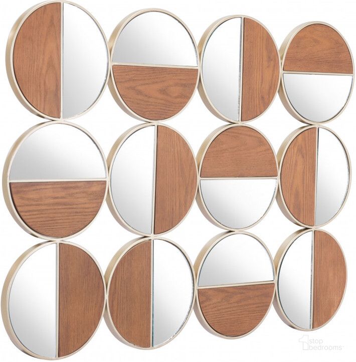 The appearance of Cycle Gold and Walnut Round Mirror designed by Zuo Modern in the modern / contemporary interior design. This gold piece of furniture  was selected by 1StopBedrooms from Cycle Collection to add a touch of cosiness and style into your home. Sku: A12201. Material: Steel. Product Type: Accent Mirror. Image1