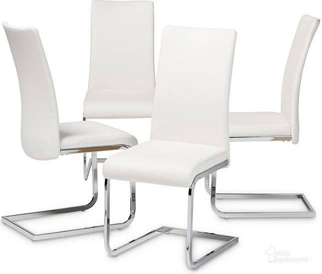 The appearance of Cyprien Modern And Contemporary White Faux Leather Upholstered Dining Chair (Set Of 4) designed by Baxton Studio in the modern / contemporary interior design. This white piece of furniture  was selected by 1StopBedrooms from Cyprien Collection to add a touch of cosiness and style into your home. Sku: 140919-White-4PC-Set. Product Type: Dining Chair. Material: MDF. Image1