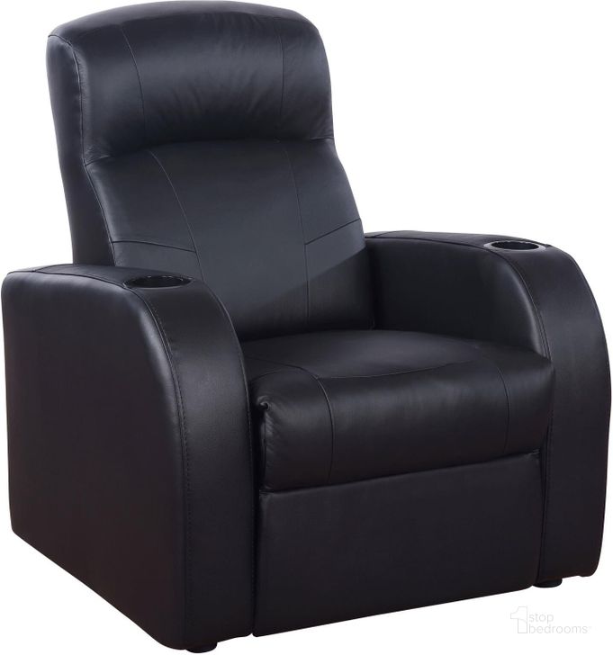 The appearance of Cyrus Home Theater Recliner designed by Coaster in the modern / contemporary interior design. This black piece of furniture  was selected by 1StopBedrooms from Cyrus Collection to add a touch of cosiness and style into your home. Sku: 600001. Product Type: Recliner. Material: Vinyl. Key Features: Recliner. Image1