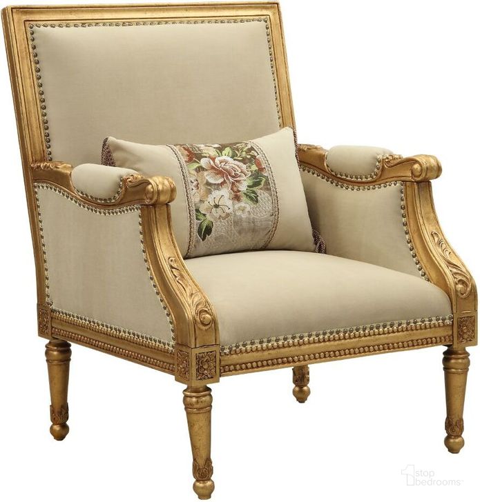 The appearance of Daesha Antique Gold Accent Chair designed by ACME in the transitional interior design. This gold piece of furniture  was selected by 1StopBedrooms from Daesha Collection to add a touch of cosiness and style into your home. Sku: 50838. Material: Fabric. Product Type: Accent Chair. Image1