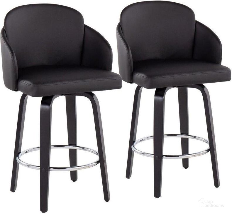 The appearance of Dahlia Counter Stool Set of 2 in Black Wood and Black Faux Leather with Round Chrome Footrest designed by Lumisource in the modern / contemporary interior design. This black piece of furniture  was selected by 1StopBedrooms from Dahlia Collection to add a touch of cosiness and style into your home. Sku: B26-DAHLIA-R2 BKPUBK2. Material: Wood. Product Type: Barstool. Image1