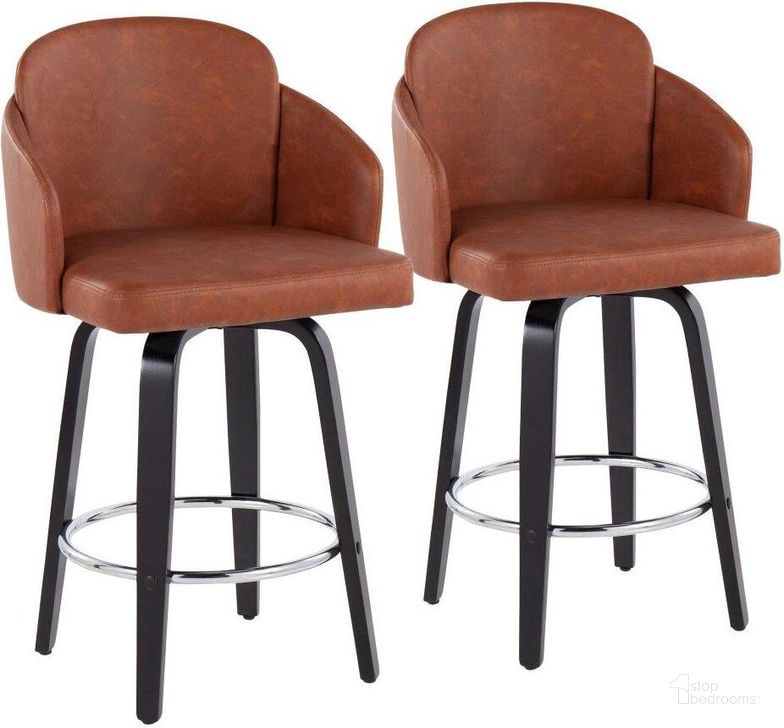 The appearance of Dahlia Counter Stool Set of 2 in Black Wood and Camel Faux Leather with Round Chrome Footrest designed by Lumisource in the modern / contemporary interior design. This camel piece of furniture  was selected by 1StopBedrooms from Dahlia Collection to add a touch of cosiness and style into your home. Sku: B26-DAHLIA-R2 BKPUCAM2. Material: Wood. Product Type: Barstool. Image1
