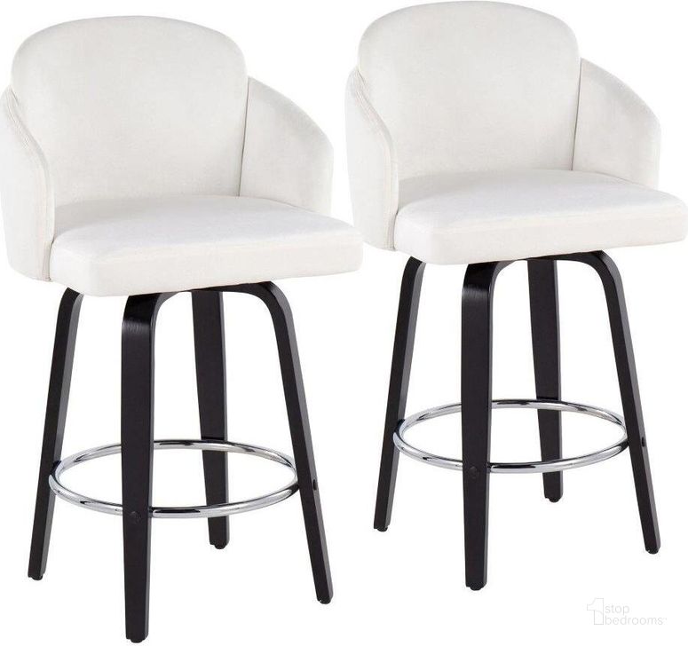 The appearance of Dahlia Counter Stool Set of 2 in Black Wood and Cream Velvet with Gold Metal Accent and Round Chrome Footrest designed by Lumisource in the modern / contemporary interior design. This cream velvet piece of furniture  was selected by 1StopBedrooms from Dahlia Collection to add a touch of cosiness and style into your home. Sku: B26-DAHLIA-R2 BKVCR2. Material: Wood. Product Type: Barstool. Image1