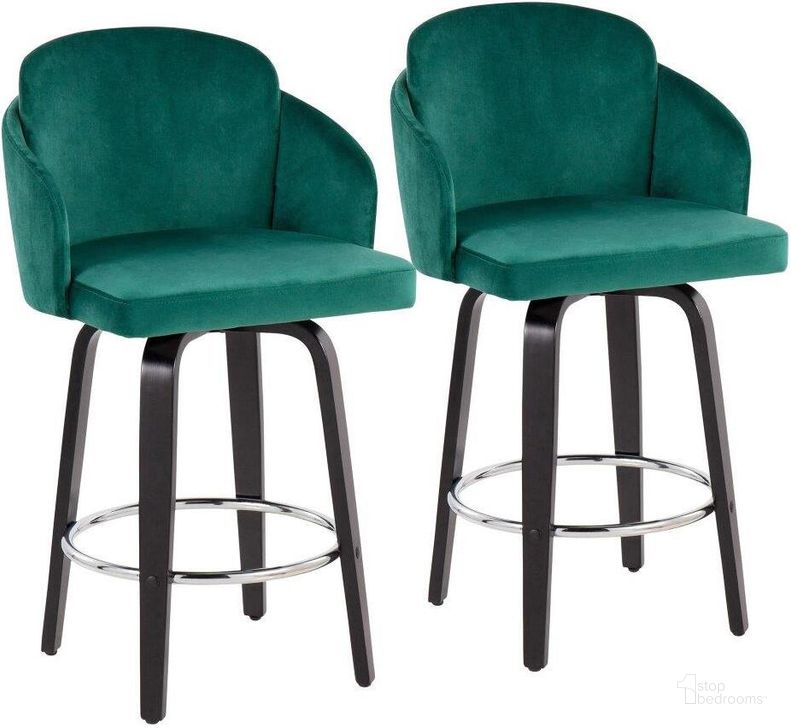 The appearance of Dahlia Counter Stool Set of 2 in Black Wood and Green Velvet with Gold Metal Accent and Round Chrome Footrest designed by Lumisource in the modern / contemporary interior design. This green velvet piece of furniture  was selected by 1StopBedrooms from Dahlia Collection to add a touch of cosiness and style into your home. Sku: B26-DAHLIA-R2 BKVGN2. Material: Wood. Product Type: Barstool. Image1
