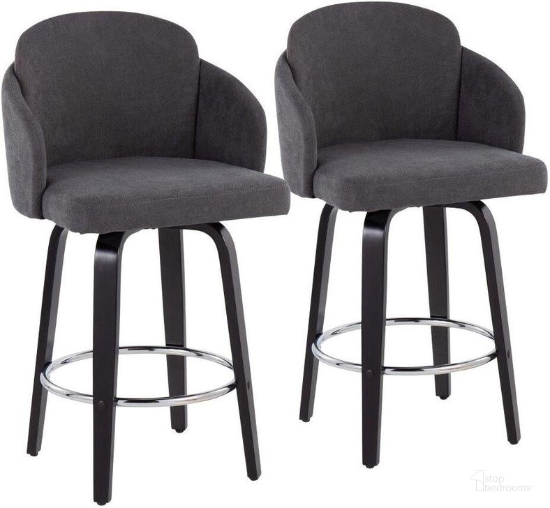 The appearance of Dahlia Counter Stool Set of 2 in Black Wood and Grey Fabric with Round Chrome Footrest designed by Lumisource in the modern / contemporary interior design. This grey piece of furniture  was selected by 1StopBedrooms from Dahlia Collection to add a touch of cosiness and style into your home. Sku: B26-DAHLIA-R2 BKGY2. Material: Wood. Product Type: Barstool. Image1