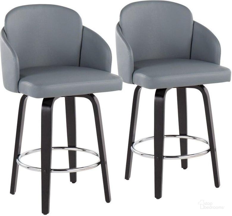 The appearance of Dahlia Counter Stool Set of 2 in Black Wood and Grey Faux Leather with Round Chrome Footrest designed by Lumisource in the modern / contemporary interior design. This light gray piece of furniture  was selected by 1StopBedrooms from Dahlia Collection to add a touch of cosiness and style into your home. Sku: B26-DAHLIA-R2 BKPUGY2. Material: Wood. Product Type: Barstool. Image1