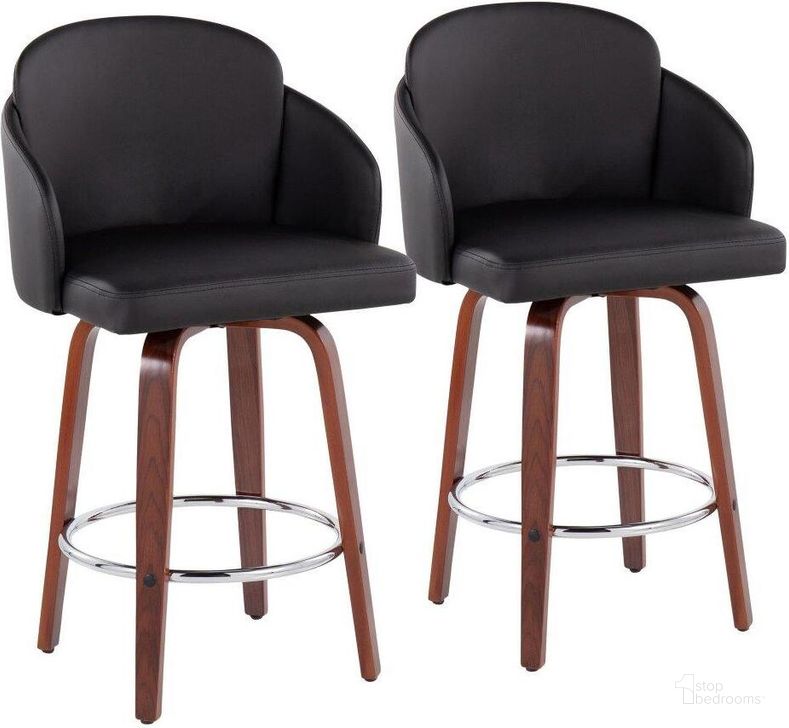The appearance of Dahlia Counter Stool Set of 2 in Walnut Wood and Black Faux Leather with Round Chrome Footrest designed by Lumisource in the modern / contemporary interior design. This black piece of furniture  was selected by 1StopBedrooms from Dahlia Collection to add a touch of cosiness and style into your home. Sku: B26-DAHLIA-R2 WLPUBK2. Material: Wood. Product Type: Barstool. Image1