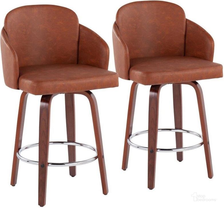 The appearance of Dahlia Counter Stool Set of 2 in Walnut Wood and Camel Faux Leather with Round Chrome Footrest designed by Lumisource in the modern / contemporary interior design. This camel piece of furniture  was selected by 1StopBedrooms from Dahlia Collection to add a touch of cosiness and style into your home. Sku: B26-DAHLIA-R2 WLPUCAM2. Material: Wood. Product Type: Barstool. Image1