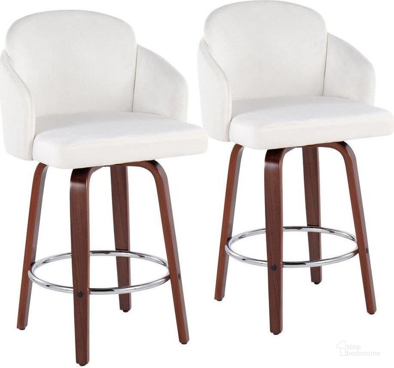 The appearance of Dahlia Counter Stool Set of 2 in Walnut Wood and Cream Velvet with Round Chrome Footrest designed by Lumisource in the modern / contemporary interior design. This cream velvet piece of furniture  was selected by 1StopBedrooms from Dahlia Collection to add a touch of cosiness and style into your home. Sku: B26-DAHLIA-R2 WLVCR2. Material: Wood. Product Type: Barstool. Image1