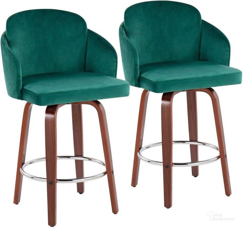 The appearance of Dahlia Counter Stool Set of 2 in Walnut Wood and Green Velvet with Gold Metal Accent and Round Chrome Footrest designed by Lumisource in the modern / contemporary interior design. This green velvet piece of furniture  was selected by 1StopBedrooms from Dahlia Collection to add a touch of cosiness and style into your home. Sku: B26-DAHLIA-R2 WLVGN2. Material: Wood. Product Type: Barstool. Image1