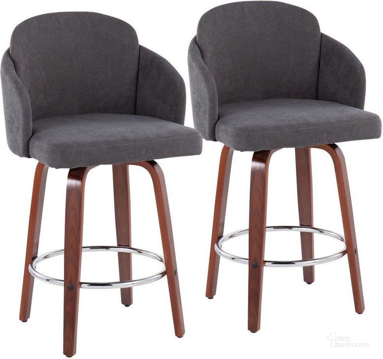 The appearance of Dahlia Counter Stool Set of 2 in Walnut Wood and Grey Fabric with Round Chrome Footrest designed by Lumisource in the modern / contemporary interior design. This grey piece of furniture  was selected by 1StopBedrooms from Dahlia Collection to add a touch of cosiness and style into your home. Sku: B26-DAHLIA-R2 WLGY2. Material: Wood. Product Type: Barstool. Image1