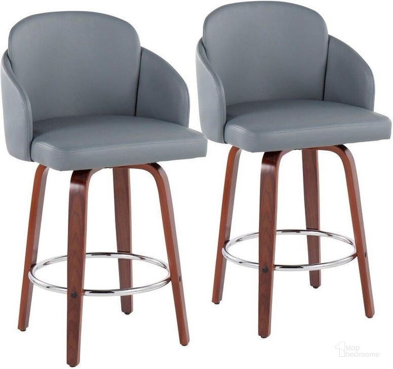 The appearance of Dahlia Counter Stool Set of 2 in Walnut Wood and Grey Faux Leather with Round Chrome Footrest designed by Lumisource in the modern / contemporary interior design. This light gray piece of furniture  was selected by 1StopBedrooms from Dahlia Collection to add a touch of cosiness and style into your home. Sku: B26-DAHLIA-R2 WLPUGY2. Material: Wood. Product Type: Barstool. Image1