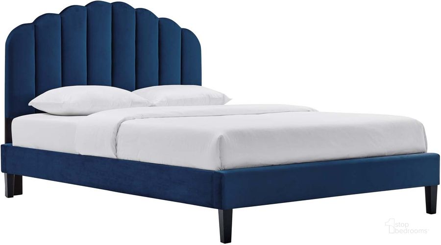 The appearance of Daisy Performance Velvet Full Platform Bed In Navy designed by Modway in the modern / contemporary interior design. This navy piece of furniture  was selected by 1StopBedrooms from Daisy Collection to add a touch of cosiness and style into your home. Sku: MOD-7039-NAV. Bed Type: Platform Bed. Product Type: Platform Bed. Bed Size: Full. Material: MDF. Image1