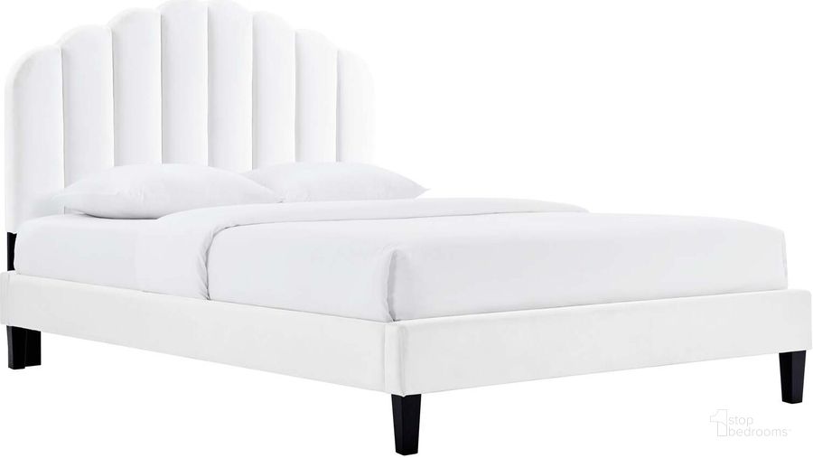 The appearance of Daisy Performance Velvet King Platform Bed In White designed by Modway in the modern / contemporary interior design. This white piece of furniture  was selected by 1StopBedrooms from Daisy Collection to add a touch of cosiness and style into your home. Sku: MOD-7047-WHI. Bed Type: Platform Bed. Product Type: Platform Bed. Bed Size: King. Material: MDF. Image1