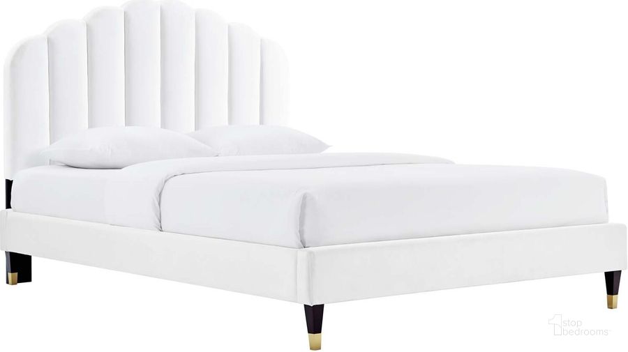 The appearance of Daisy Performance Velvet Queen Platform Bed In White MOD-6288-WHI designed by Modway in the modern / contemporary interior design. This white piece of furniture  was selected by 1StopBedrooms from Daisy Collection to add a touch of cosiness and style into your home. Sku: MOD-6288-WHI. Bed Type: Platform Bed. Product Type: Platform Bed. Bed Size: Queen. Material: MDF. Image1