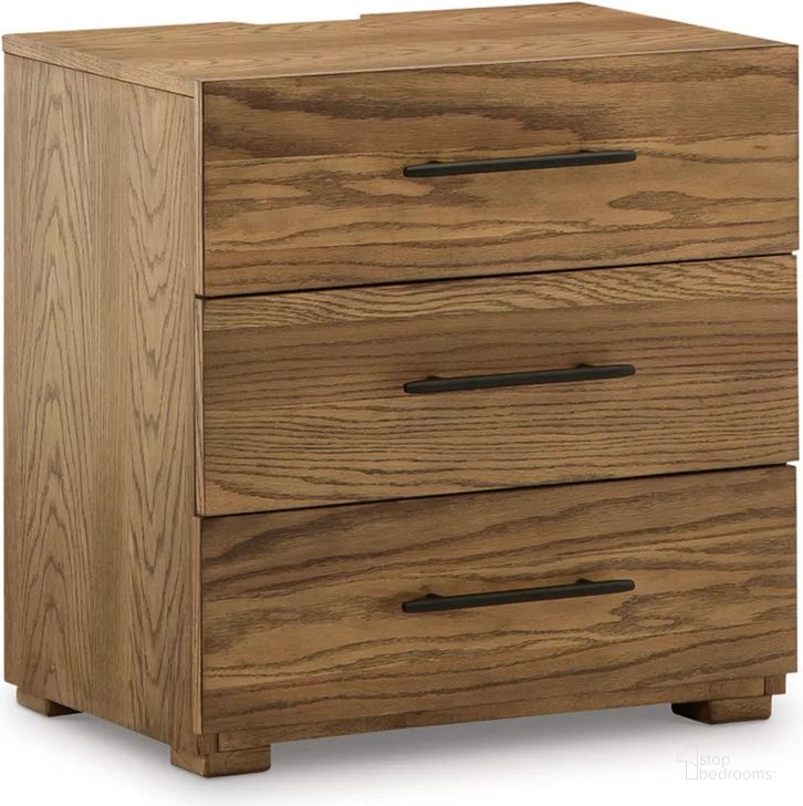The appearance of Dakmore Brown Three Drawer Nightstand designed by Signature Design by Ashley in the transitional interior design. This brown piece of furniture  was selected by 1StopBedrooms from Dakmore Collection to add a touch of cosiness and style into your home. Sku: B783-93. Material: Wood. Product Type: Nightstand. Image1