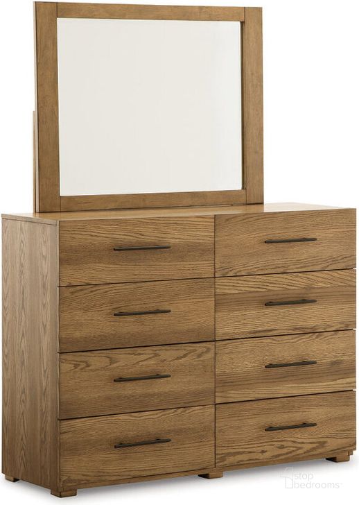 The appearance of Dakmore Dresser and Mirror In Brown designed by Signature Design by Ashley in the transitional interior design. This brown piece of furniture  was selected by 1StopBedrooms from Dakmore Collection to add a touch of cosiness and style into your home. Sku: B783-31;B783-36. Material: Wood. Product Type: Dresser and Mirror. Image1