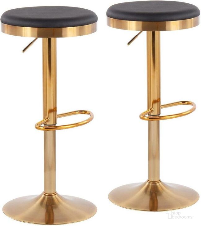 The appearance of Dakota Contemporary Upholstered Adjustable Barstool In Gold Steel And Black Faux Leather - Set Of 2 designed by Lumisource in the modern / contemporary interior design. This black faux leather piece of furniture  was selected by 1StopBedrooms from Dakota Collection to add a touch of cosiness and style into your home. Sku: BS-DAKOTA AUBK2. Product Type: Barstool. Material: PU. Image1