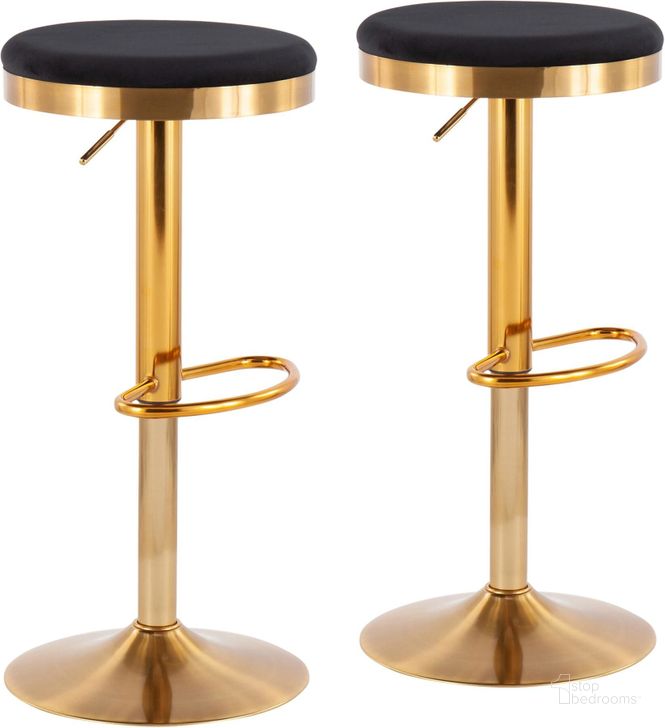 The appearance of Dakota Contemporary Upholstered Adjustable Barstool In Gold Steel And Black Velvet - Set Of 2 designed by Lumisource in the modern / contemporary interior design. This black velvet piece of furniture  was selected by 1StopBedrooms from Dakota Collection to add a touch of cosiness and style into your home. Sku: BS-DAKOTA AUVBK2. Product Type: Barstool. Material: Velvet. Image1