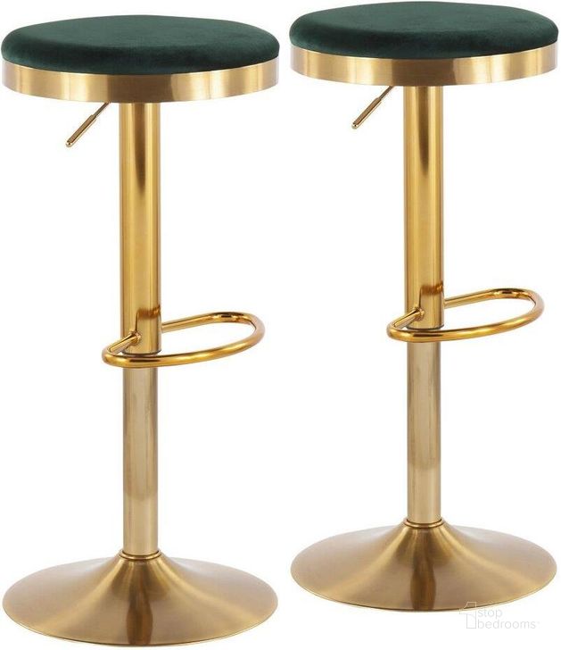 The appearance of Dakota Contemporary Upholstered Adjustable Barstool In Gold Steel And Green Velvet - Set Of 2 designed by Lumisource in the modern / contemporary interior design. This green velvet piece of furniture  was selected by 1StopBedrooms from Dakota Collection to add a touch of cosiness and style into your home. Sku: BS-DAKOTA AUVGN2. Product Type: Barstool. Material: Velvet. Image1