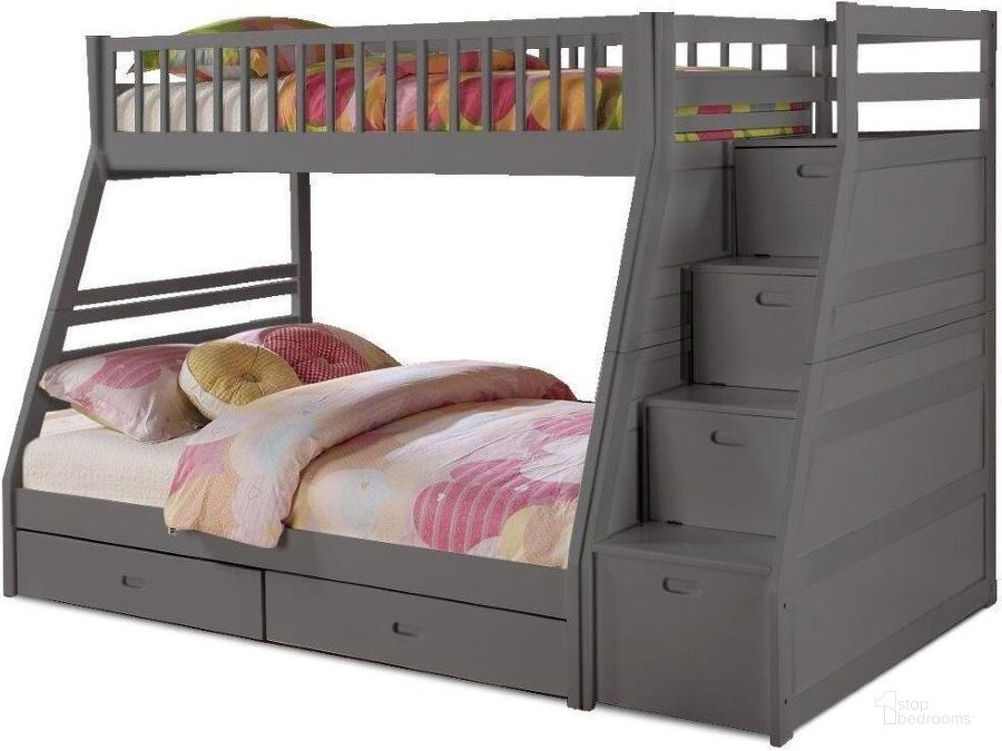The appearance of Dakota Staircase Twin Over Full Staircase Bunk Bed With Storage In Grey designed by US Tamex in the transitional interior design. This gray piece of furniture  was selected by 1StopBedrooms from Dakota Collection to add a touch of cosiness and style into your home. Sku: E4519231-A;E4519231-B;E4519231-C. Bed Type: Bunk Bed. Material: Wood. Product Type: Bunk Bed. Bed Size: Twin Over Full. Image1
