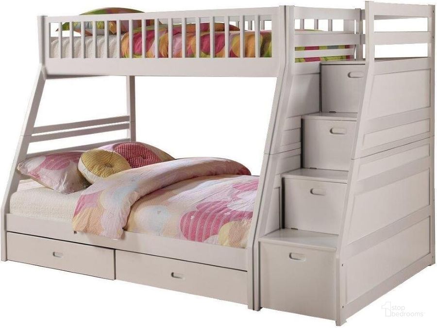 The appearance of Dakota Staircase Twin Over Full Staircase Bunk Bed With Storage In White designed by US Tamex in the transitional interior design. This white piece of furniture  was selected by 1StopBedrooms from Dakota Collection to add a touch of cosiness and style into your home. Sku: E45192-WH-A;E45192-WH-B;E45192-WH-C. Bed Type: Bunk Bed. Material: Wood. Product Type: Bunk Bed. Bed Size: Twin Over Full. Image1