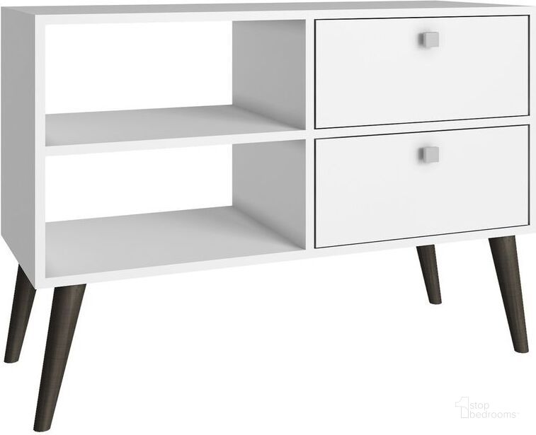 The appearance of Dalarna TV Stand With 2 Shelves In White designed by Manhattan Comfort in the transitional interior design. This white piece of furniture  was selected by 1StopBedrooms from Dalarna Collection to add a touch of cosiness and style into your home. Sku: 3AMC129. Product Type: TV Stand. Material: Melamine. Image1