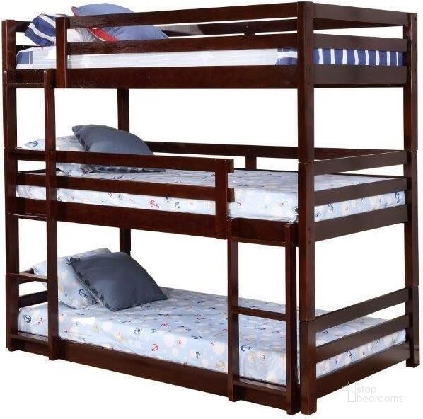The appearance of Dallas Twin Triple Bunk Bed In Java designed by US Tamex in the transitional interior design. This java piece of furniture  was selected by 1StopBedrooms from Dallas Collection to add a touch of cosiness and style into your home. Sku: E4539475-A;E4539475-B;E4539475-C. Bed Type: Bunk Bed. Material: Wood. Product Type: Bunk Bed. Bed Size: Twin. Image1
