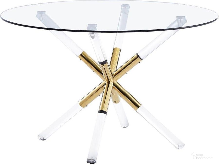 The appearance of Dalton Round Glass Gold Dining Table designed by Best Master Furniture in the modern / contemporary interior design. This gold piece of furniture  was selected by 1StopBedrooms from Dalton Collection to add a touch of cosiness and style into your home. Sku: YF20ROT. Table Base Style: Trestle. Table Top Shape: Round. Material: Glass. Product Type: Dining Table. Size: 48". Image1