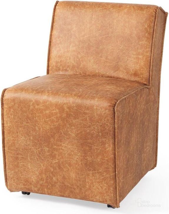 The appearance of Damon Cognac Brown Faux Leather Dining Chair Set of 2 designed by Mercana in the coastal interior design. This brown piece of furniture  was selected by 1StopBedrooms from Damon Collection to add a touch of cosiness and style into your home. Sku: 69614. Material: Leather. Product Type: Dining Chair. Image1